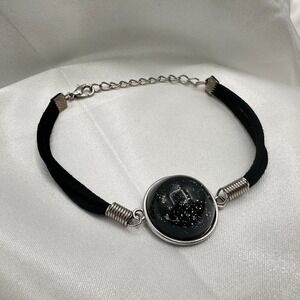 Vintage Y2K Black Suede Cord Galaxy Glass Cabochon Bracelet Silver Tone Jewelry